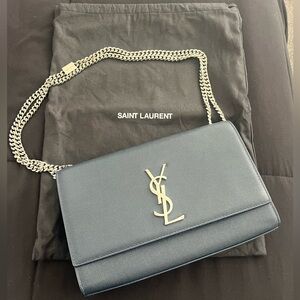 Authentic YSL Saint Laurent Kate Medium Crossbody Bag in Grained Leather - Navy